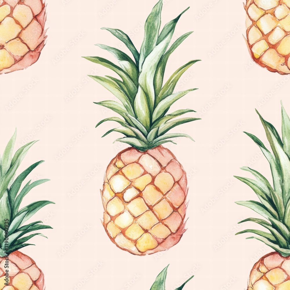 Poster Colorful watercolor pineapple pattern on soft background with tropical vibes and fresh aesthetics for summer decor. Generative AI