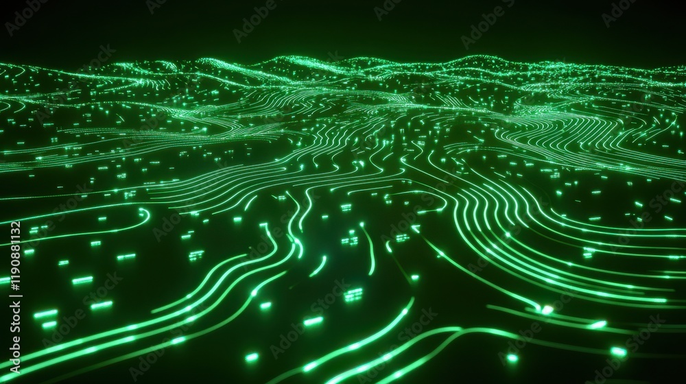 Poster abstract network of glowing lines and nodes over a green background, representing global connectivit
