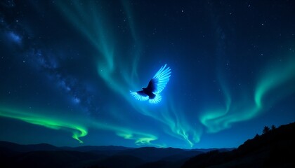 Fototapeta premium Celestial glowing bird silhouette soaring under auroras in a starry night sky 