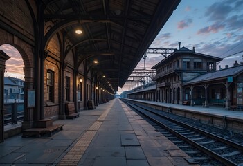Old railway station at dusk, with details of the iron structures