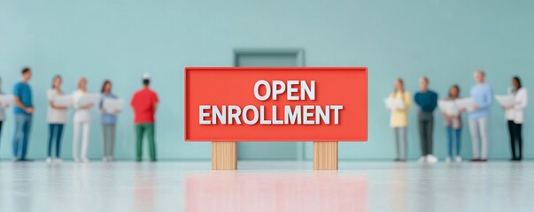 Register now for enrollment. Open enrollment sign with people waiting in line in a modern, light-filled space.