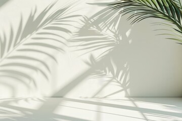 Fototapeta premium Palm leaf shadows on white wall and cream pastel floor.