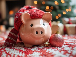 Piggy bank in a scarf on blanket with ornaments in festive setting