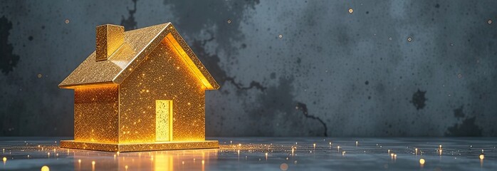Transparent gold luminous symbol of house on grey concrete background with golden glitter. Real estate, realtor, mortgage, insurance, booking, construction, insulation, heating. 