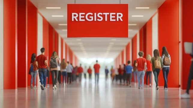 Register now for enrollment. Modern hallway with a "REGISTER" sign, people walking in red attire.