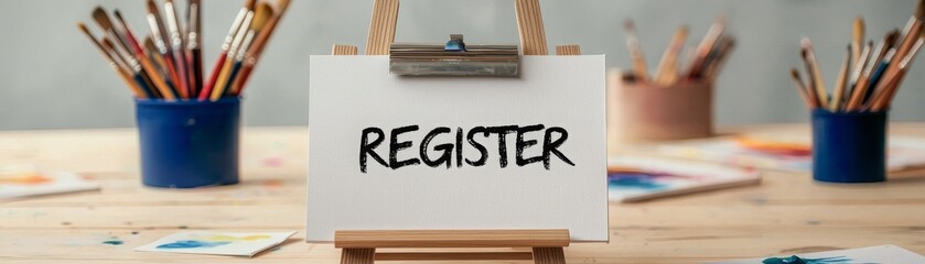 Register now for enrollment. Sign displaying "REGISTER" on a workspace with art supplies in the background.