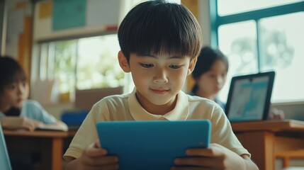 Focused Asian school boy using digital tablet at class in classroom. Attentive junior school student learning online virtual education digital program app tech during stem computer science lesson.