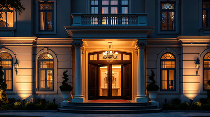 Magnificent Night View of a Luxurious Mansion: Grand Entrance, Elegant Design, and Classic Architecture