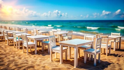 Miniature Beach Cafe: White Wooden Tables & Chairs on Sandy Shore