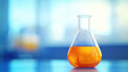 Orange solution in science glass flask on blue chemistry school laboratory background , chemistry, science, laboratory