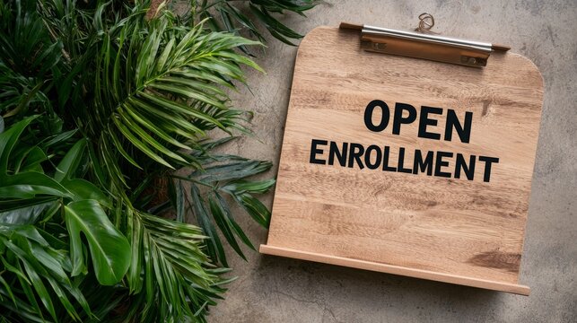 Register now for enrollment. Wooden sign with "Open Enrollment" text surrounded by green foliage.