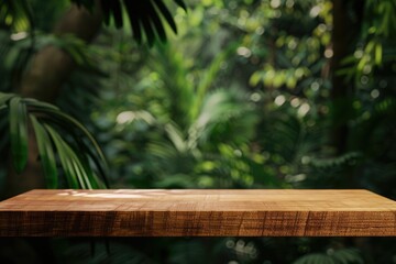 Wood podium in tropical forest with green plant background.
