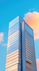 Obraz premium Modern Skyscraper with Glass Facade Against Blue Sky and Pink Clouds Illuminated by Sunset Light in an Urban Landscape