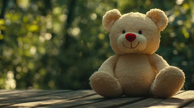 A plush teddy bear with a brown body, dark nose
