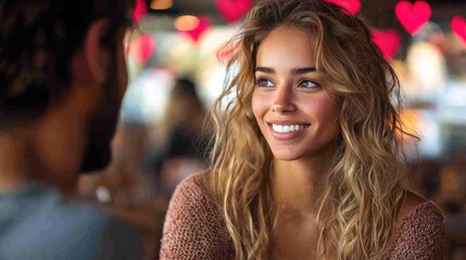 Fototapeta premium Smiling woman in a cozy café with heart decorations.