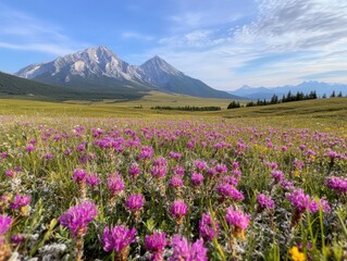 Fototapeta premium A field of purple flowers with a mountain in the background