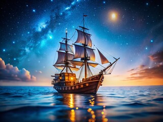 Fototapeta premium Miniature Pirate Ship Sailing Calm Night Sea - Tilt-Shift Photography
