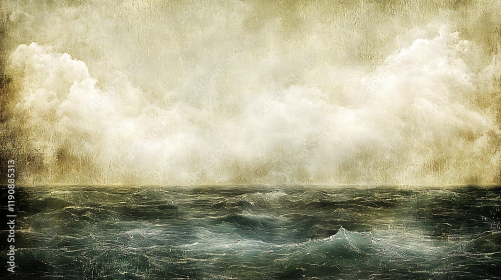 Wall mural a textured seascape featuring turbulent waves and cloudy skies, evoking a sense of drama and mystery