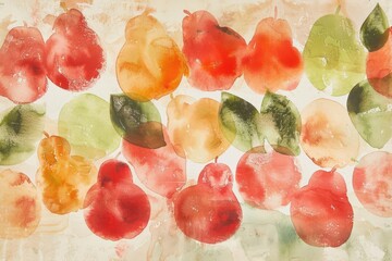 A watercolor painting featuring a variety of colorful pears and leaves.
