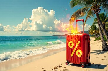 Fiery burning sign percentage And red sui on seashore with tropical palm trees in light of sun, ocean sunset background. Hot summer sale and discounts, burning tour banner, flyer. 