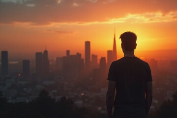 Fototapeta premium Silhouette of a person overlooking a cityscape at sunset