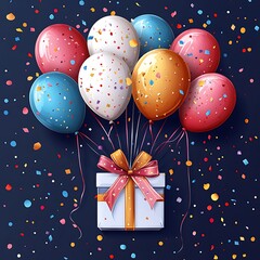 Happy Birthday holiday design for greeting cards. Bunting flags, balloons, confetti and gift box. Template for birthday celebration. Vector illustration.