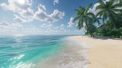 A serene beach scene with white sand, gentle waves