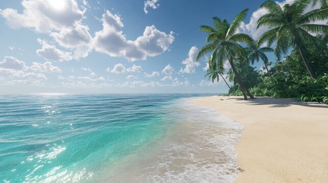 A serene beach scene with white sand, gentle waves