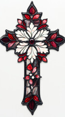 Radiant stained glass cross with floral design and red accents