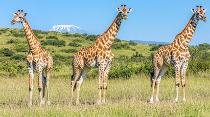 Obraz premium breathtaking wildlife photo of three giraffes in serengeti grasslands with mount kilimanjaro in the background, showcasing stunning panoramic african travel and safari experience
