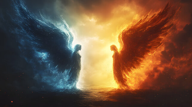 Angel and devil standing against each other
