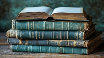Old books stacked on each other surrounded by autumn leaves in a serene outdoor setting