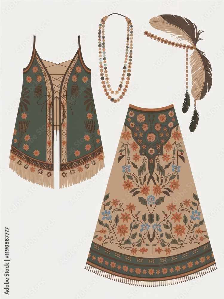 Poster Bohemian Floral Outfit Featuring Vest Skirt And Headdress