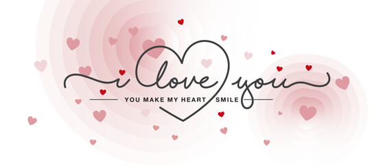 I Love You lettering quote for Valentine's Day. Handwritten calligraphy lettering inside line drawing heart. Love Valentine and Wedding vibes on floating hearts abstract white pink background