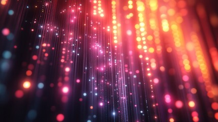 Abstract glowing particles, vibrant red and orange bokeh lights, falling streaks.