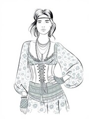 Fashion Illustration of a Woman in Bohemian Attire