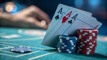 Four Aces and Chips on Green Table Under Dramatic Lighting