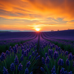 Obraz premium AI Generated breathtaking scene of rolling lavender fields glowing under a vibrant sunset sky with rich hues and textures
