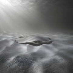Fototapeta premium A lone stingray rests on the ocean floor, sunlight filtering from above. A grayscale underwater scene.