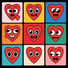 Heart Emoji Expressions, Heart Emoji Collection, Heart Faces Grid