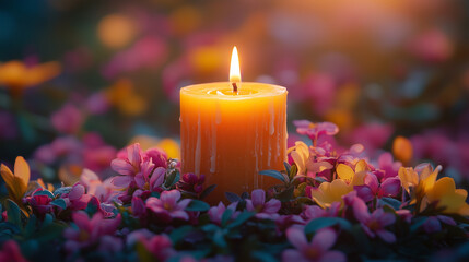 Glowing candle with by colorful blossoms in relaxing garden setting
