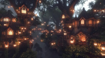 Naklejka premium A whimsical, illuminated village nestled in lush trees, creating a magical, serene atmosphere.