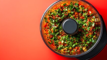 A high angle close up photograph of a food processor full of spicy an argentine meat sauce consisting of chopped parsley isolated on a colorful background