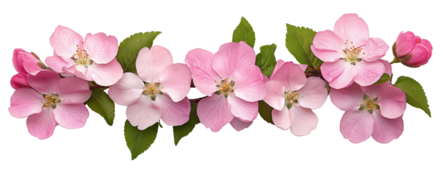 Vibrant pink apple blossoms with fresh green leaves on transparent background