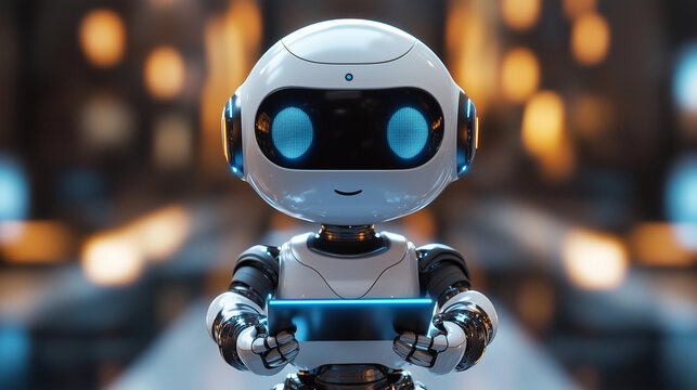 Cute robot assistant holding digital tablet - Powered by Adobe