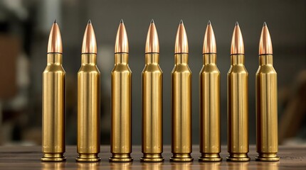 Brass bullet shells of various sizes for military ammunition production and storage in a factory setting