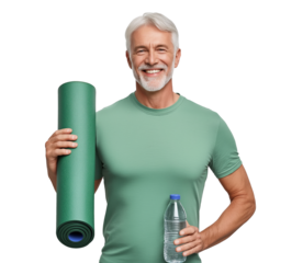 Smiling senior man holding yoga mat and water bottle in activewear on transparent background