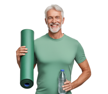 Smiling senior man holding yoga mat and water bottle in activewear on transparent background