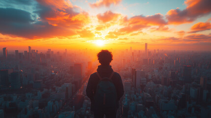 Fototapeta premium Silhouette of a person overlooking a modern cityscape at sunset