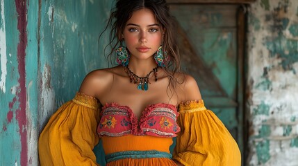 Naklejka premium Illustration of a boho-style maxi dress with colorful floral designs and a graceful, relaxed fit. generative ai